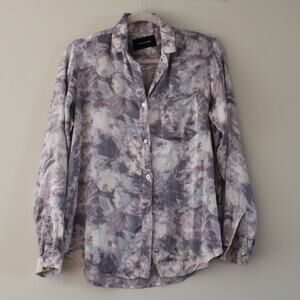Won Hundred Long Sleeve Button Front Blouse Top Purple Watercolor Print‎ Small